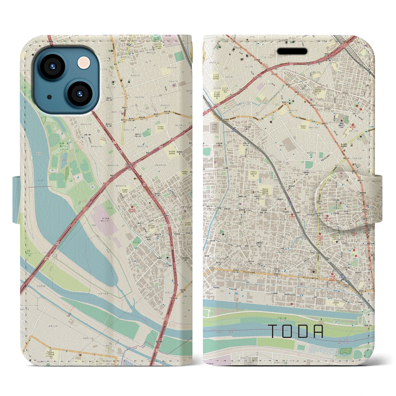 【戸田(埼玉県)】地図柄iPhoneケース(手帳タイプ)ナチュラル・iPhone 13 用