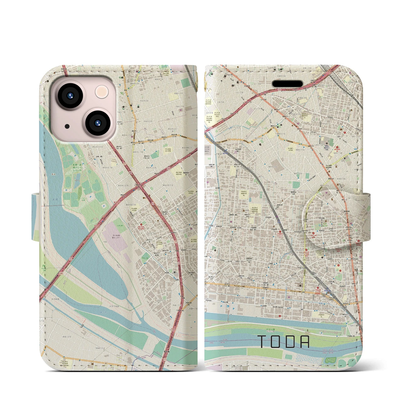【戸田(埼玉県)】地図柄iPhoneケース(手帳タイプ)ナチュラル・iPhone 13 mini 用