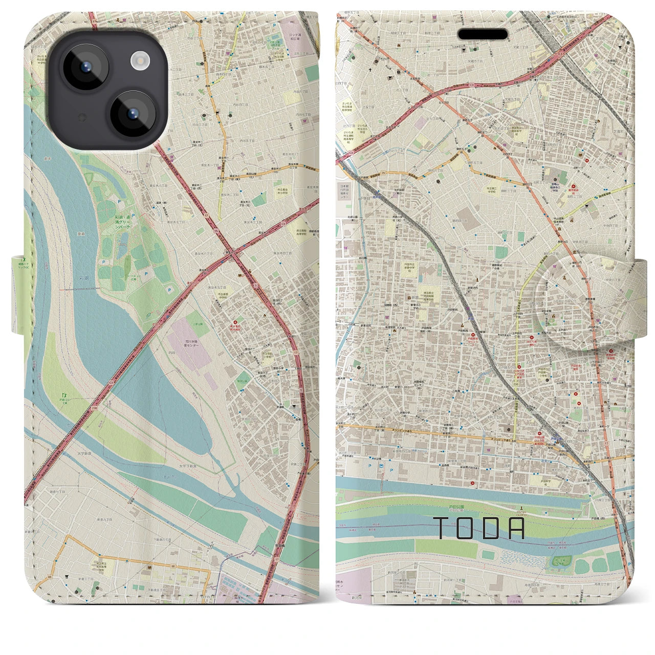 【戸田(埼玉県)】地図柄iPhoneケース(手帳タイプ)ナチュラル・iPhone 14 Plus 用