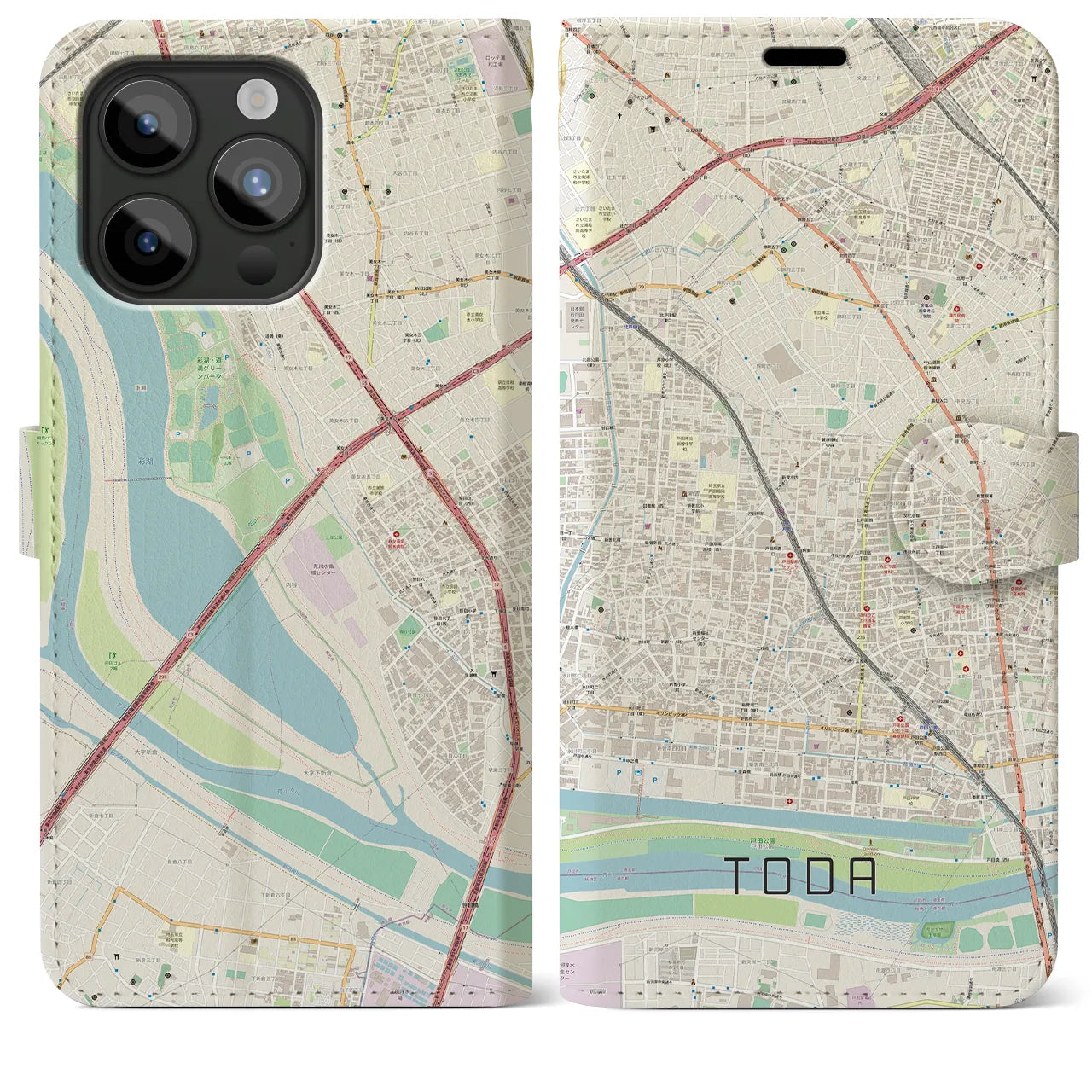 【戸田(埼玉県)】地図柄iPhoneケース(手帳タイプ)ナチュラル・iPhone 15 Pro Max 用