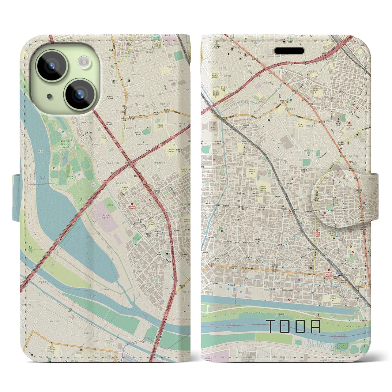 【戸田(埼玉県)】地図柄iPhoneケース(手帳タイプ)ナチュラル・iPhone 15 用