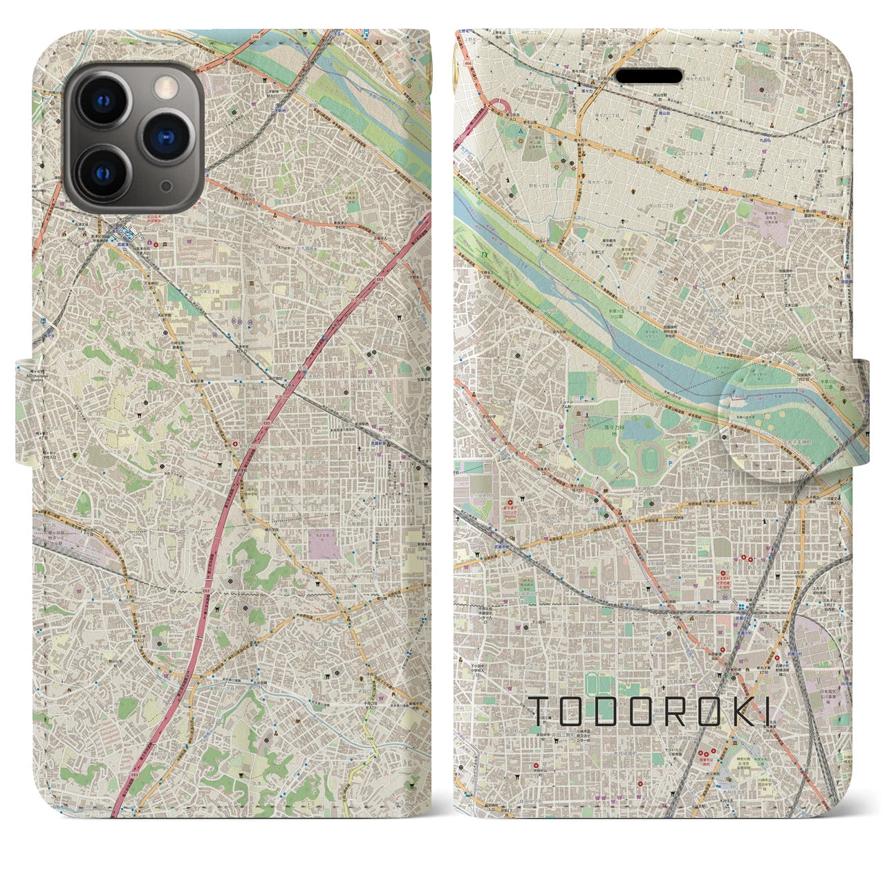 【等々力(神奈川県)】地図柄iPhoneケース(手帳タイプ)ナチュラル・iPhone 11 Pro Max 用