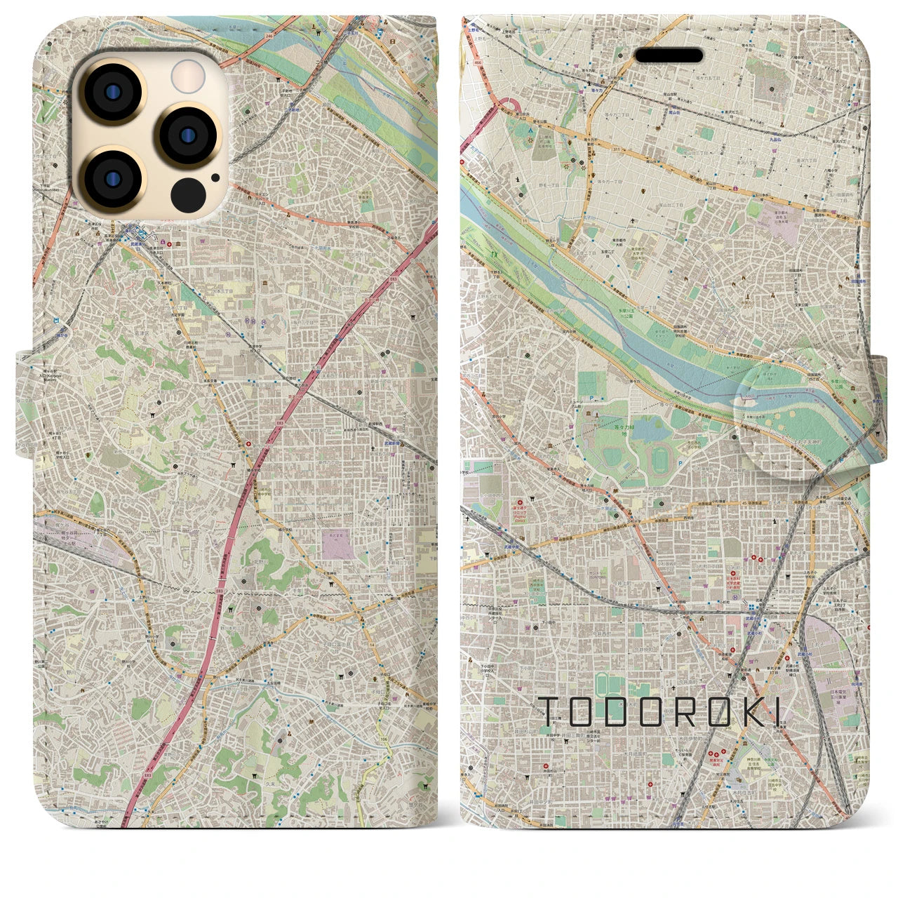 【等々力(神奈川県)】地図柄iPhoneケース(手帳タイプ)ナチュラル・iPhone 12 Pro Max 用