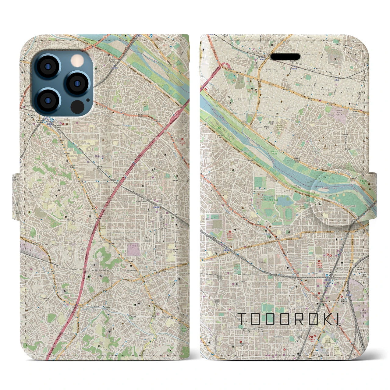 【等々力(神奈川県)】地図柄iPhoneケース(手帳タイプ)ナチュラル・iPhone 12 / 12 Pro 用