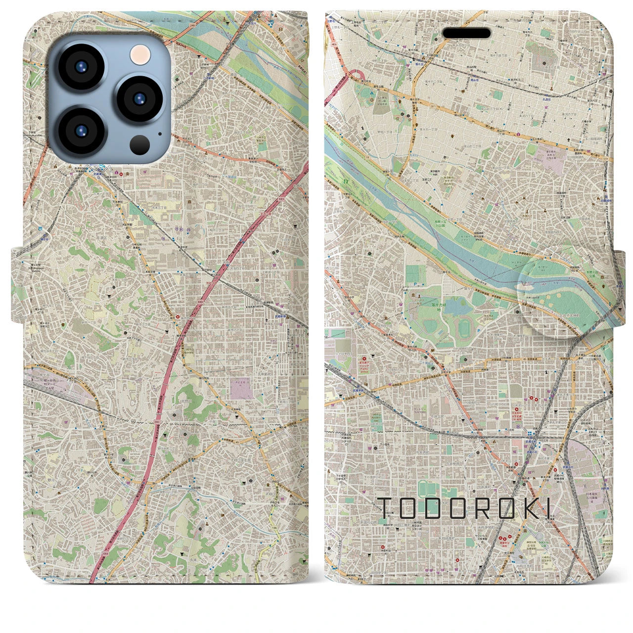 【等々力(神奈川県)】地図柄iPhoneケース(手帳タイプ)ナチュラル・iPhone 13 Pro Max 用