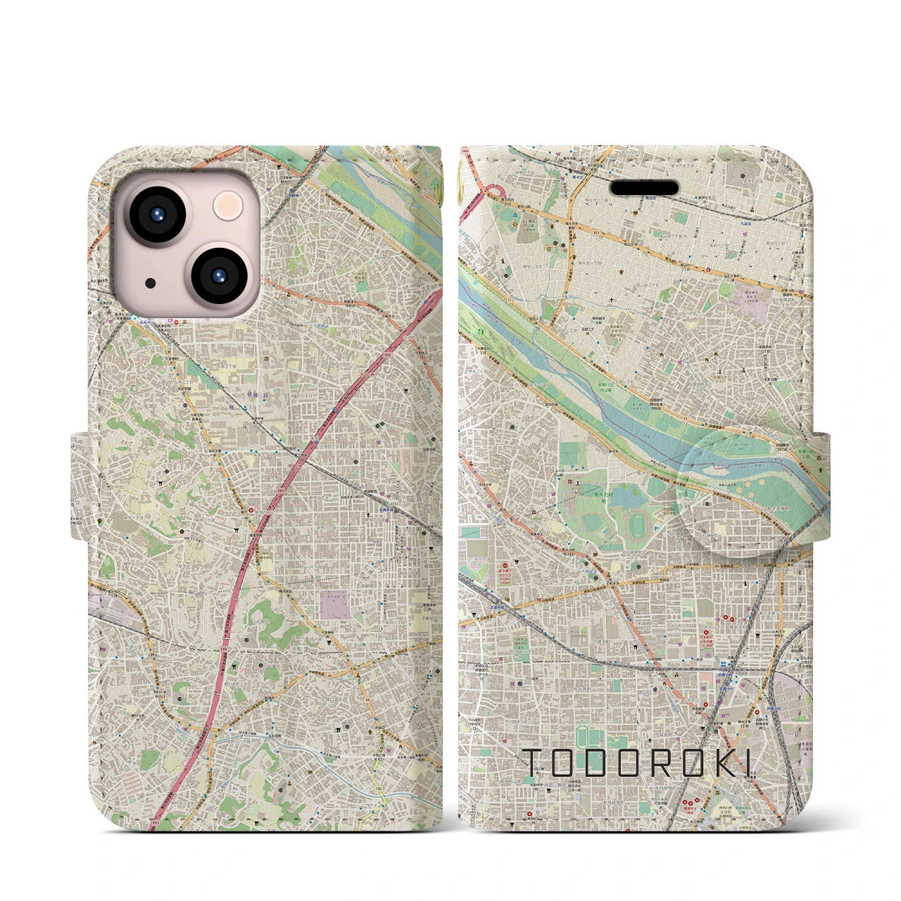 【等々力(神奈川県)】地図柄iPhoneケース(手帳タイプ)ナチュラル・iPhone 13 mini 用