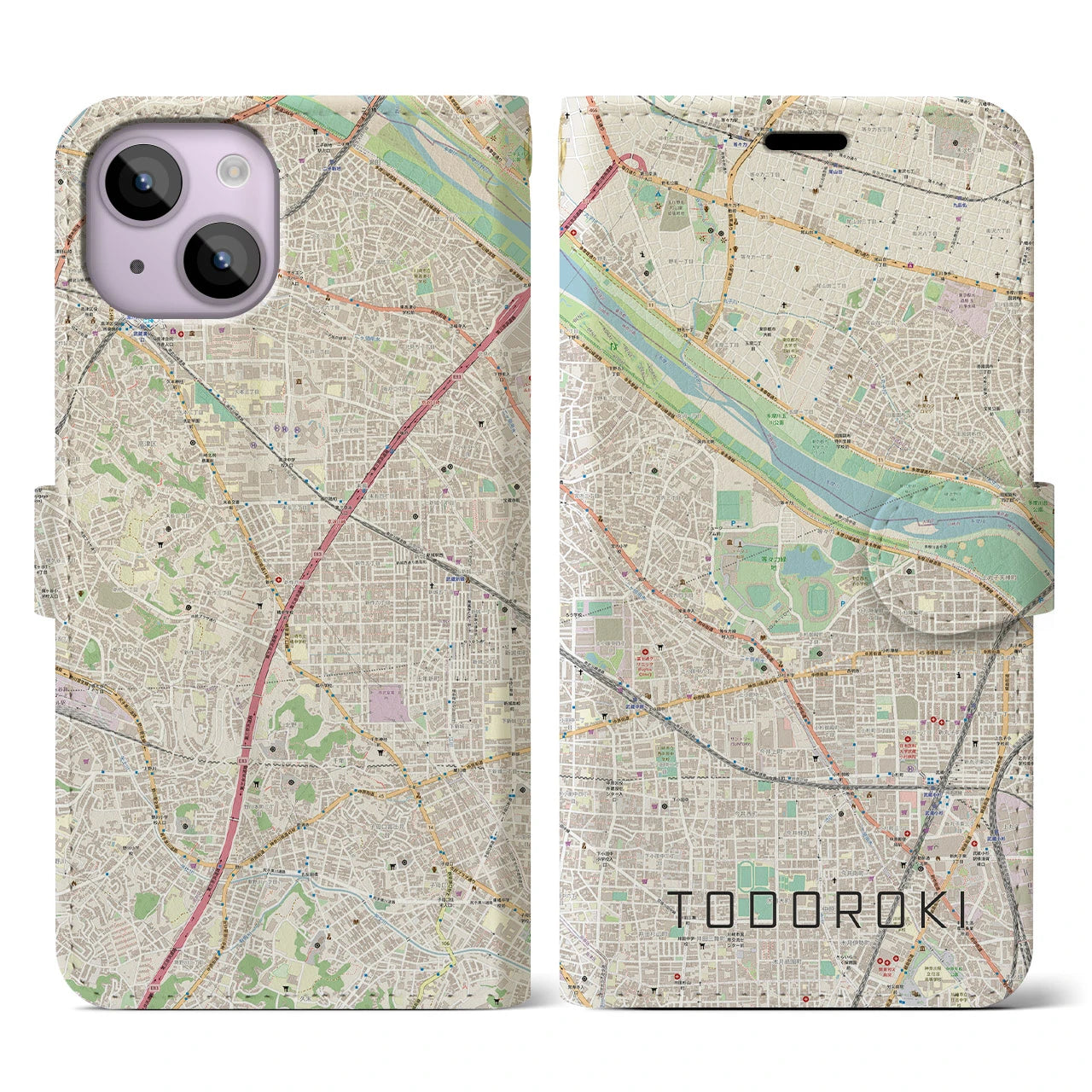 【等々力(神奈川県)】地図柄iPhoneケース(手帳タイプ)ナチュラル・iPhone 14 用