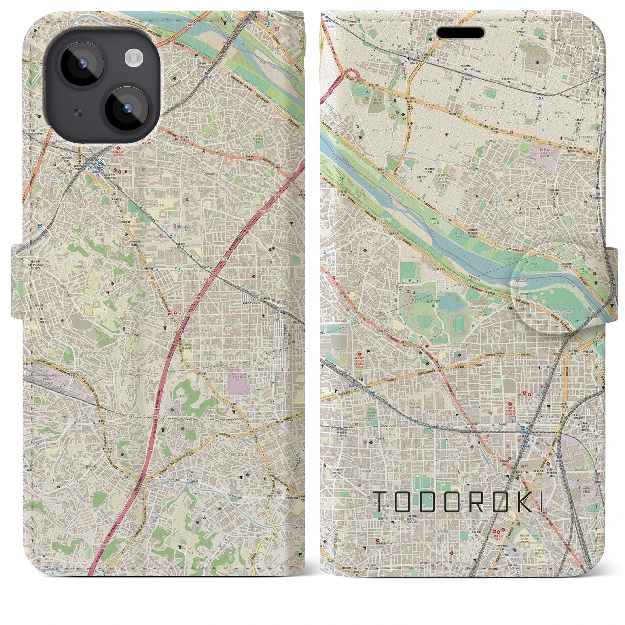 【等々力(神奈川県)】地図柄iPhoneケース(手帳タイプ)ナチュラル・iPhone 14 Plus 用