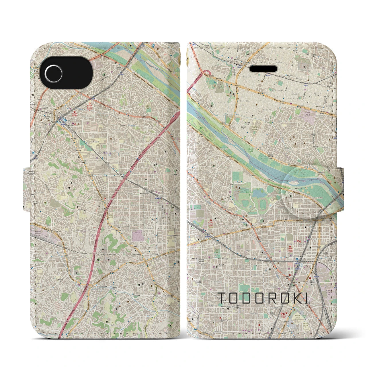 【等々力(神奈川県)】地図柄iPhoneケース(手帳タイプ)ナチュラル・iPhone SE(第3 / 第2世代) / 8 / 7 / 6s / 6 用