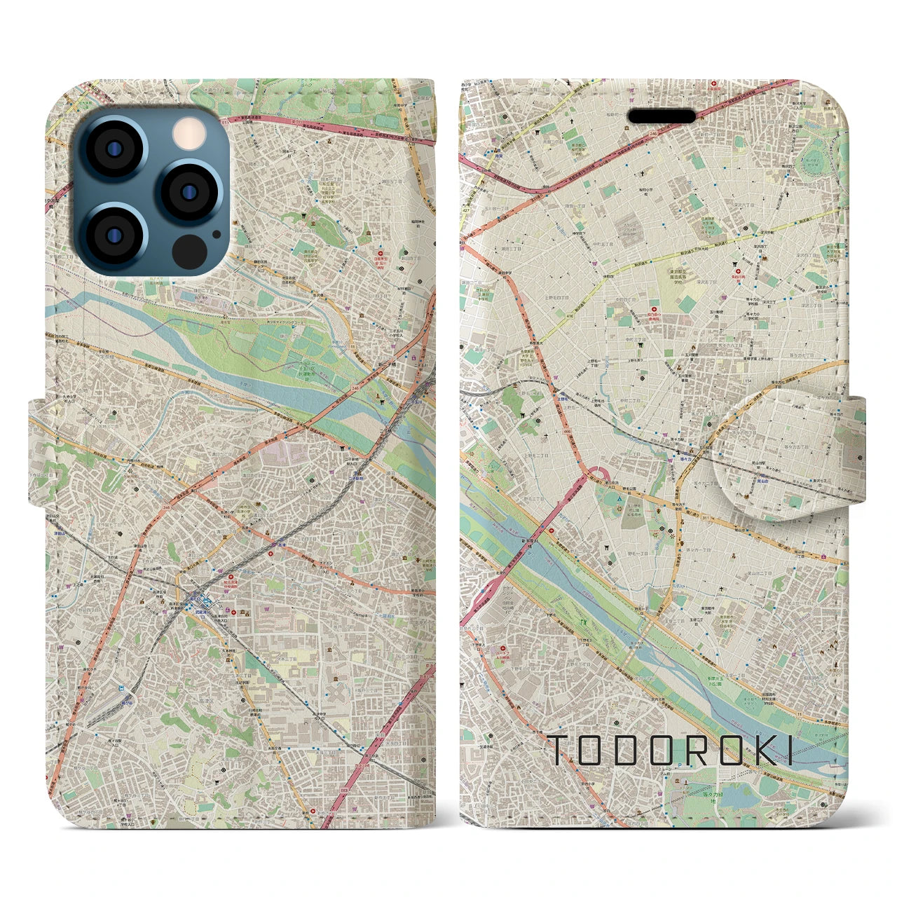 【等々力(東京都)】地図柄iPhoneケース(手帳タイプ)ナチュラル・iPhone 12 / 12 Pro 用