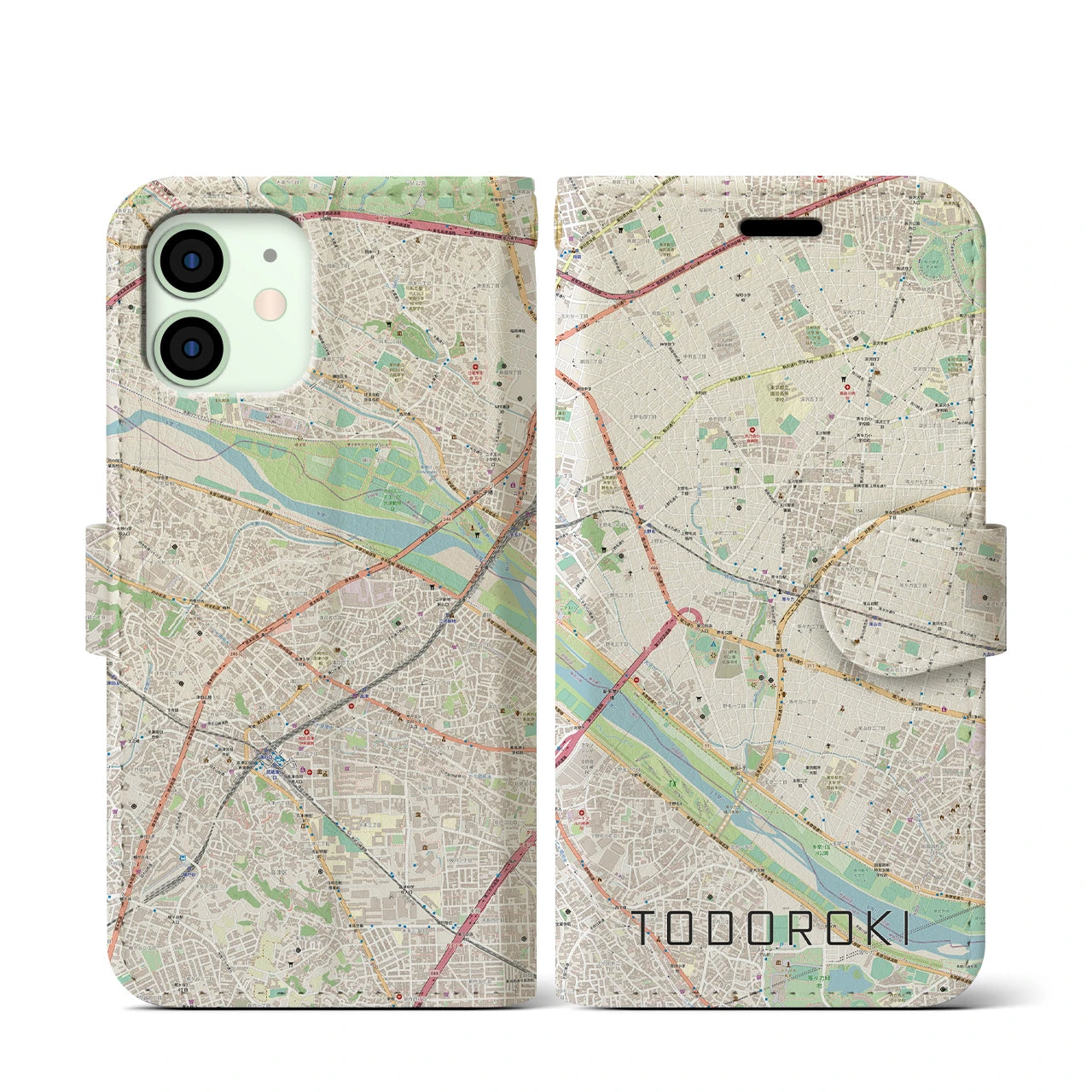 【等々力(東京都)】地図柄iPhoneケース(手帳タイプ)ナチュラル・iPhone 12 mini 用