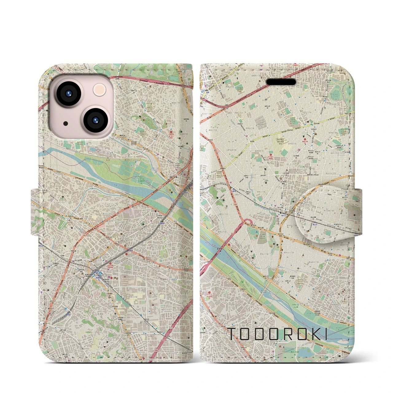 【等々力(東京都)】地図柄iPhoneケース(手帳タイプ)ナチュラル・iPhone 13 mini 用