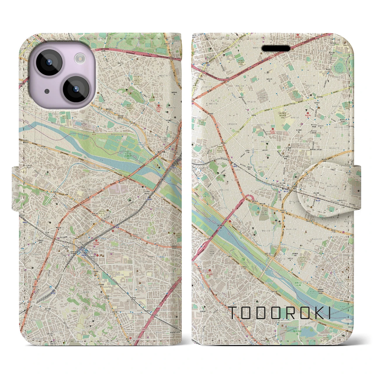 【等々力(東京都)】地図柄iPhoneケース(手帳タイプ)ナチュラル・iPhone 14 用
