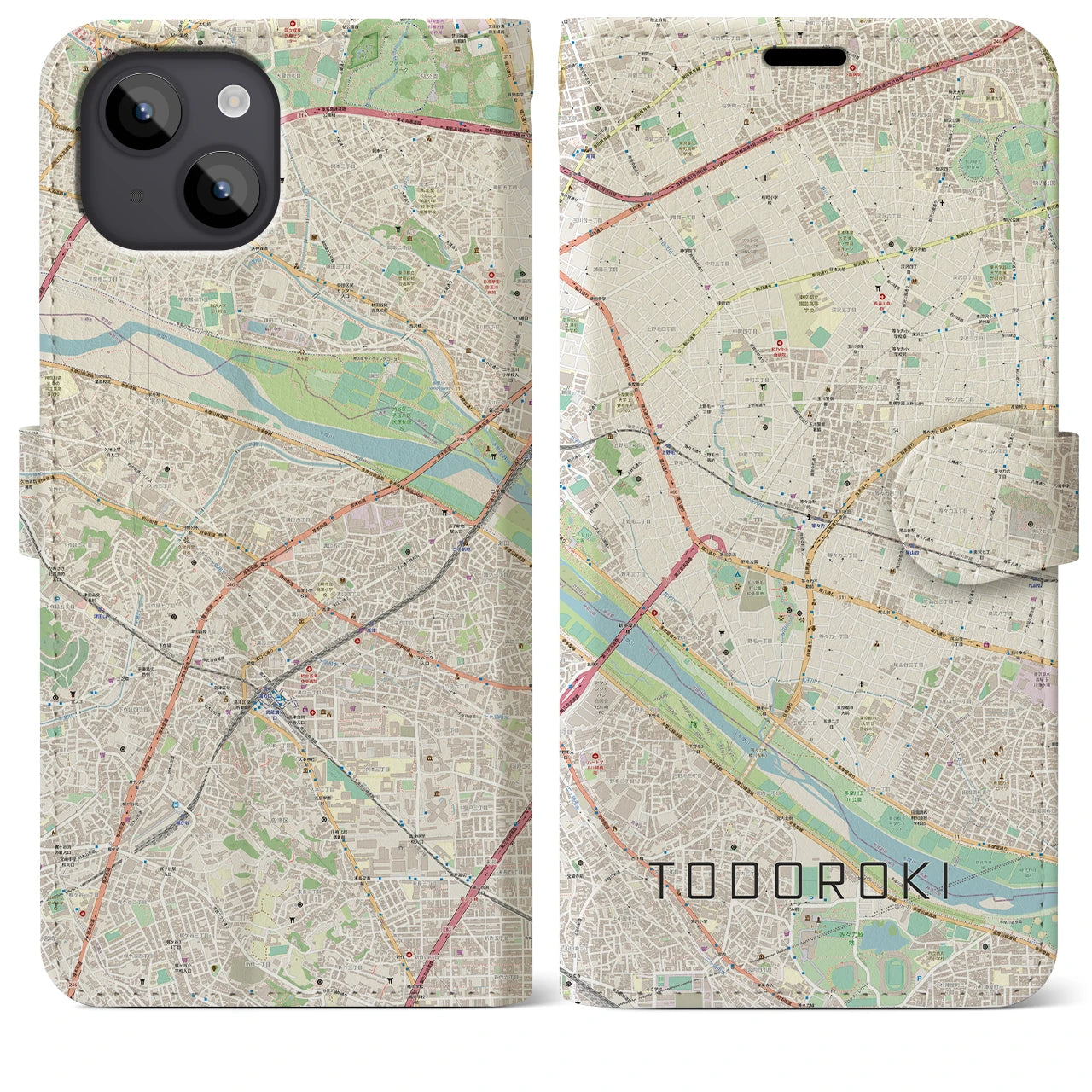 【等々力(東京都)】地図柄iPhoneケース(手帳タイプ)ナチュラル・iPhone 14 Plus 用