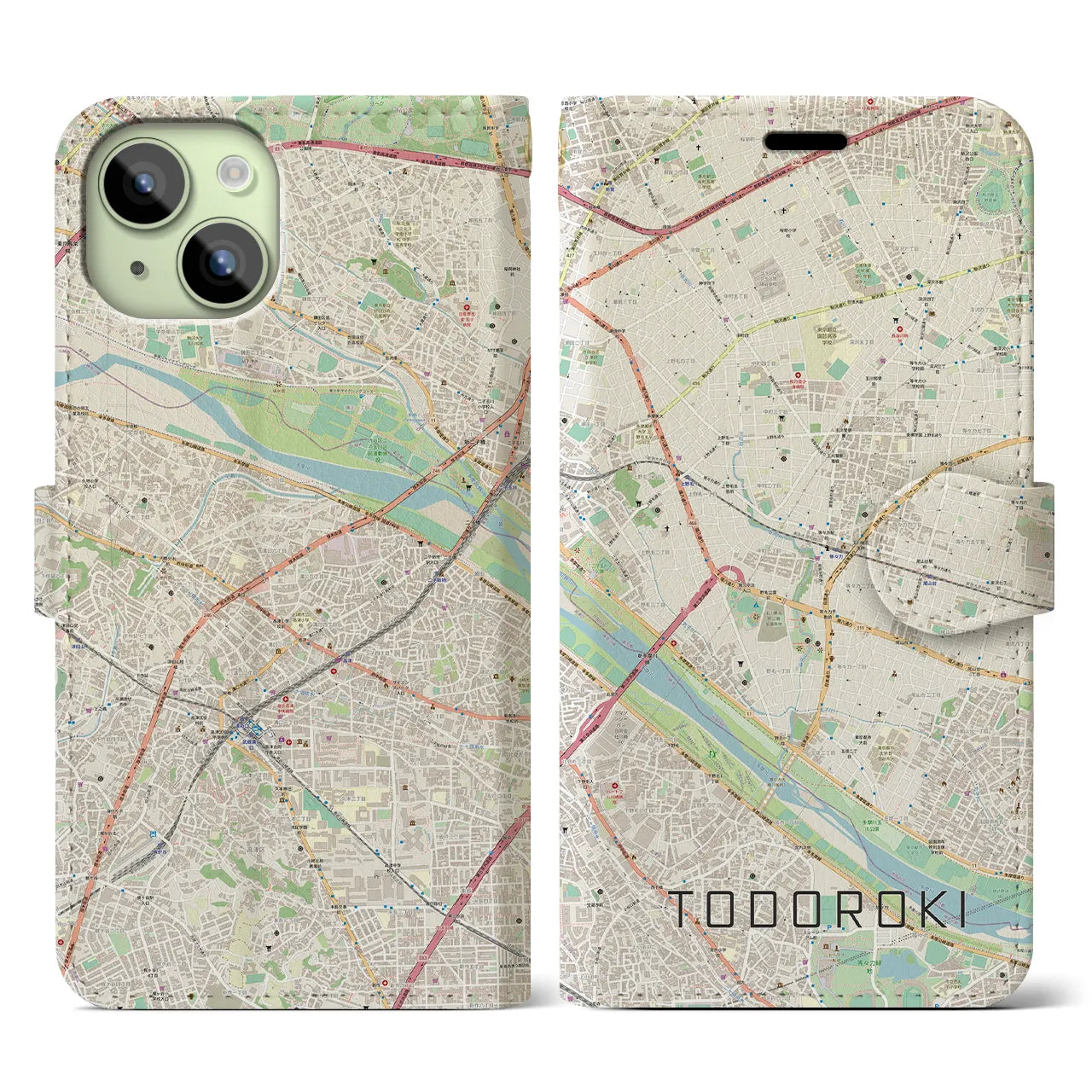 【等々力(東京都)】地図柄iPhoneケース(手帳タイプ)ナチュラル・iPhone 15 用
