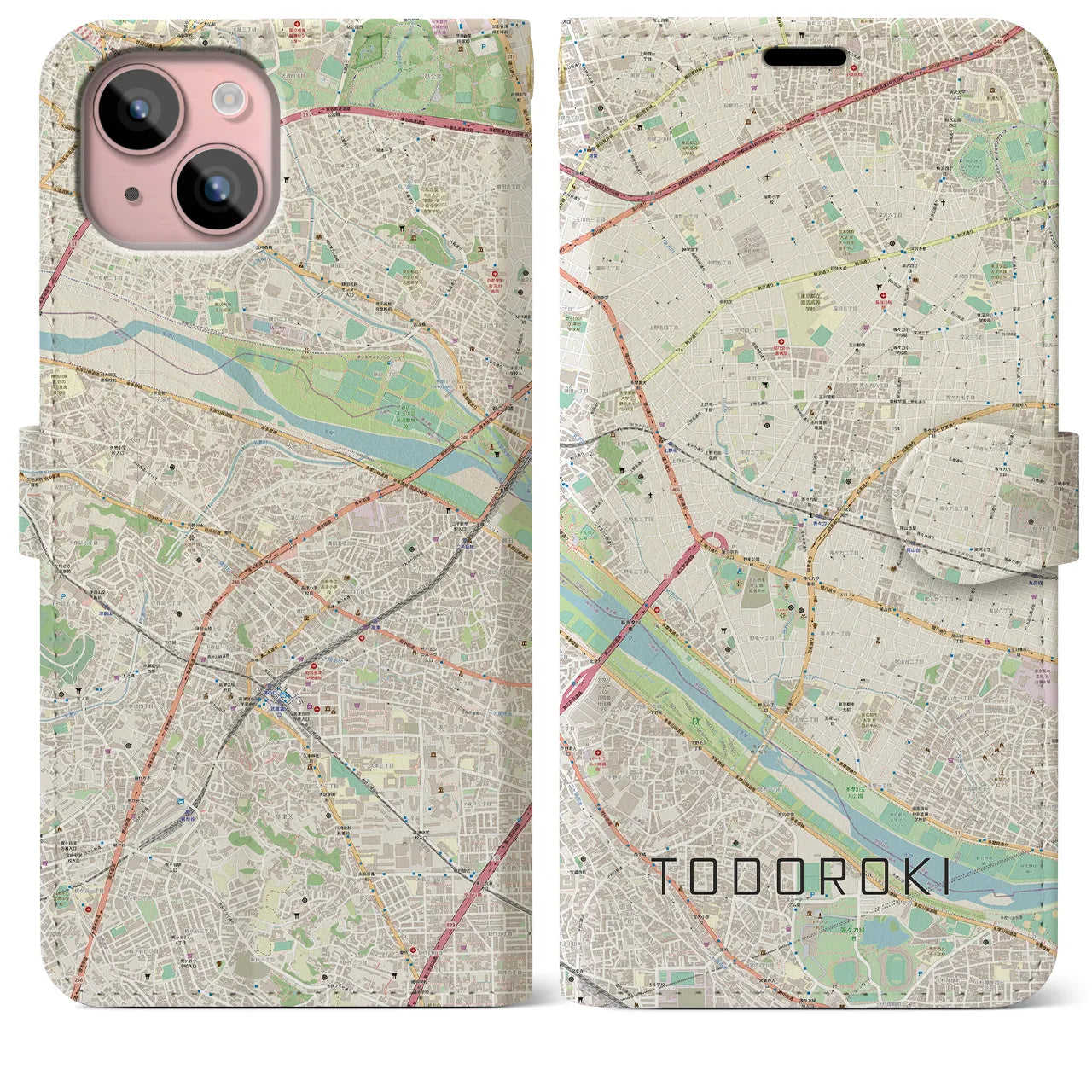【等々力(東京都)】地図柄iPhoneケース(手帳タイプ)ナチュラル・iPhone 15 Plus 用