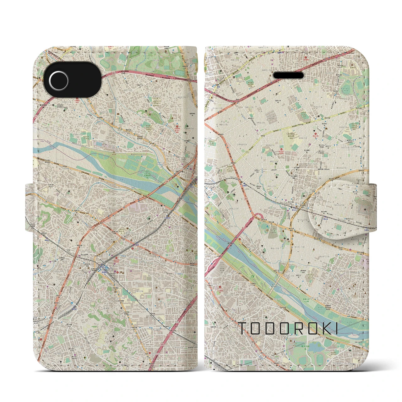 【等々力(東京都)】地図柄iPhoneケース(手帳タイプ)ナチュラル・iPhone SE(第3 / 第2世代) / 8 / 7 / 6s / 6 用
