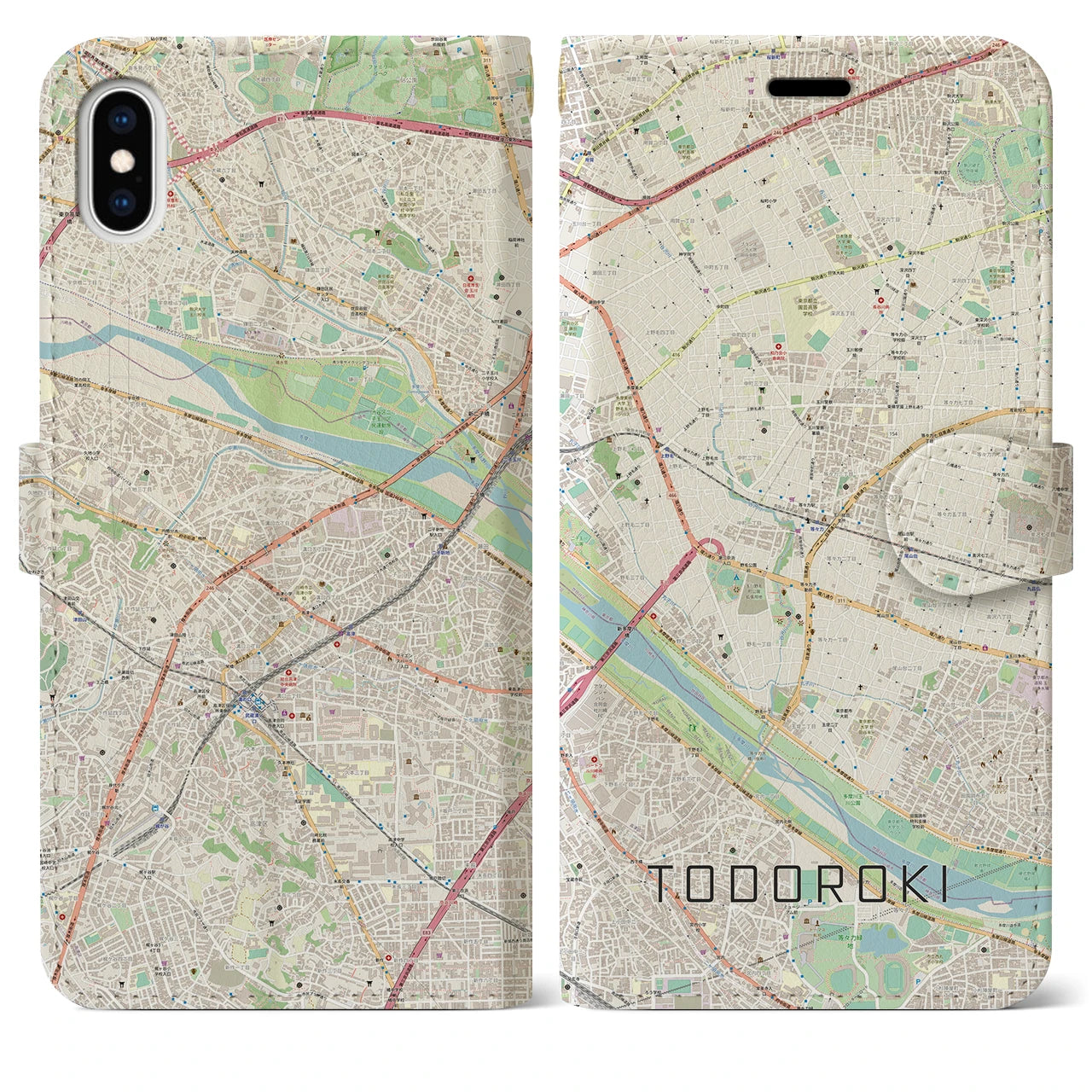 【等々力(東京都)】地図柄iPhoneケース(手帳タイプ)ナチュラル・iPhone XS Max 用