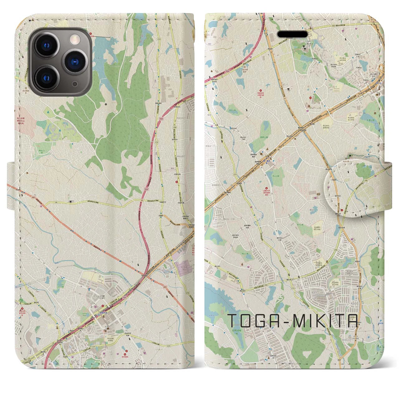 【栂・美木多(大阪府)】地図柄iPhoneケース(手帳タイプ)ナチュラル・iPhone 11 Pro Max 用