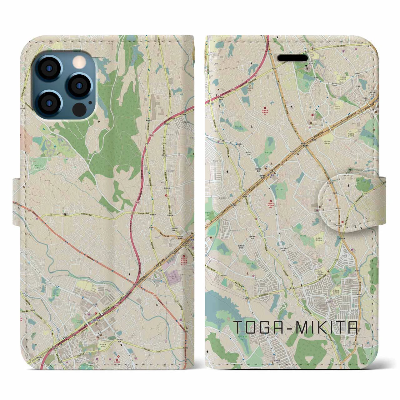 【栂・美木多(大阪府)】地図柄iPhoneケース(手帳タイプ)ナチュラル・iPhone 12 / 12 Pro 用
