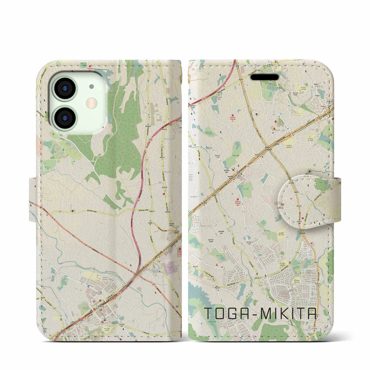 【栂・美木多(大阪府)】地図柄iPhoneケース(手帳タイプ)ナチュラル・iPhone 12 mini 用