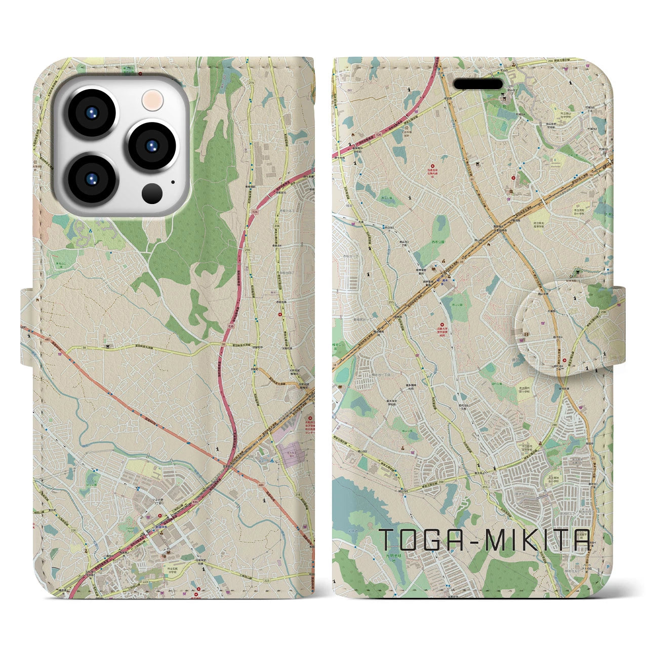 【栂・美木多(大阪府)】地図柄iPhoneケース(手帳タイプ)ナチュラル・iPhone 13 Pro 用