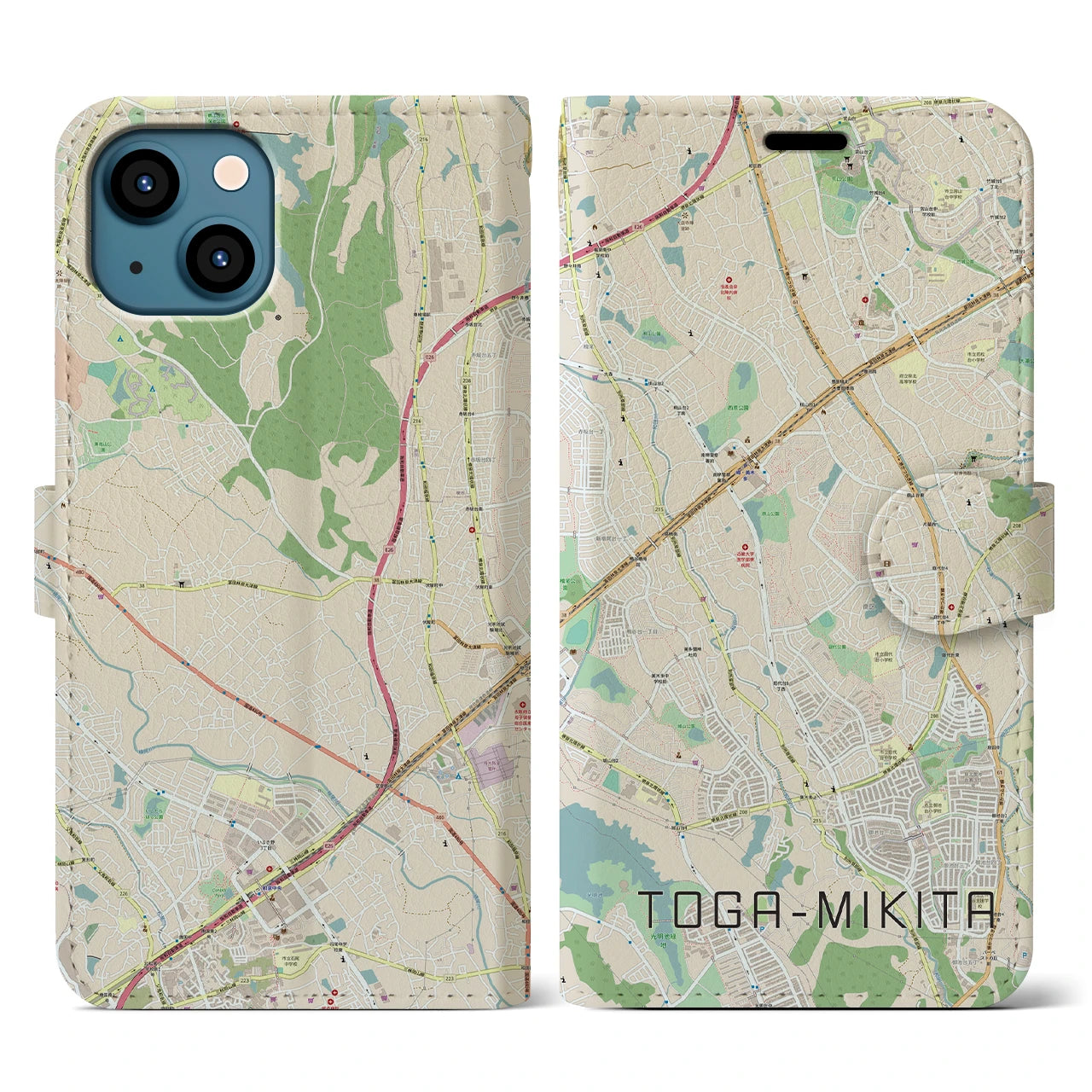 【栂・美木多(大阪府)】地図柄iPhoneケース(手帳タイプ)ナチュラル・iPhone 13 用