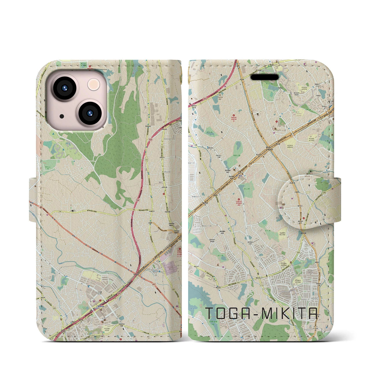 【栂・美木多(大阪府)】地図柄iPhoneケース(手帳タイプ)ナチュラル・iPhone 13 mini 用
