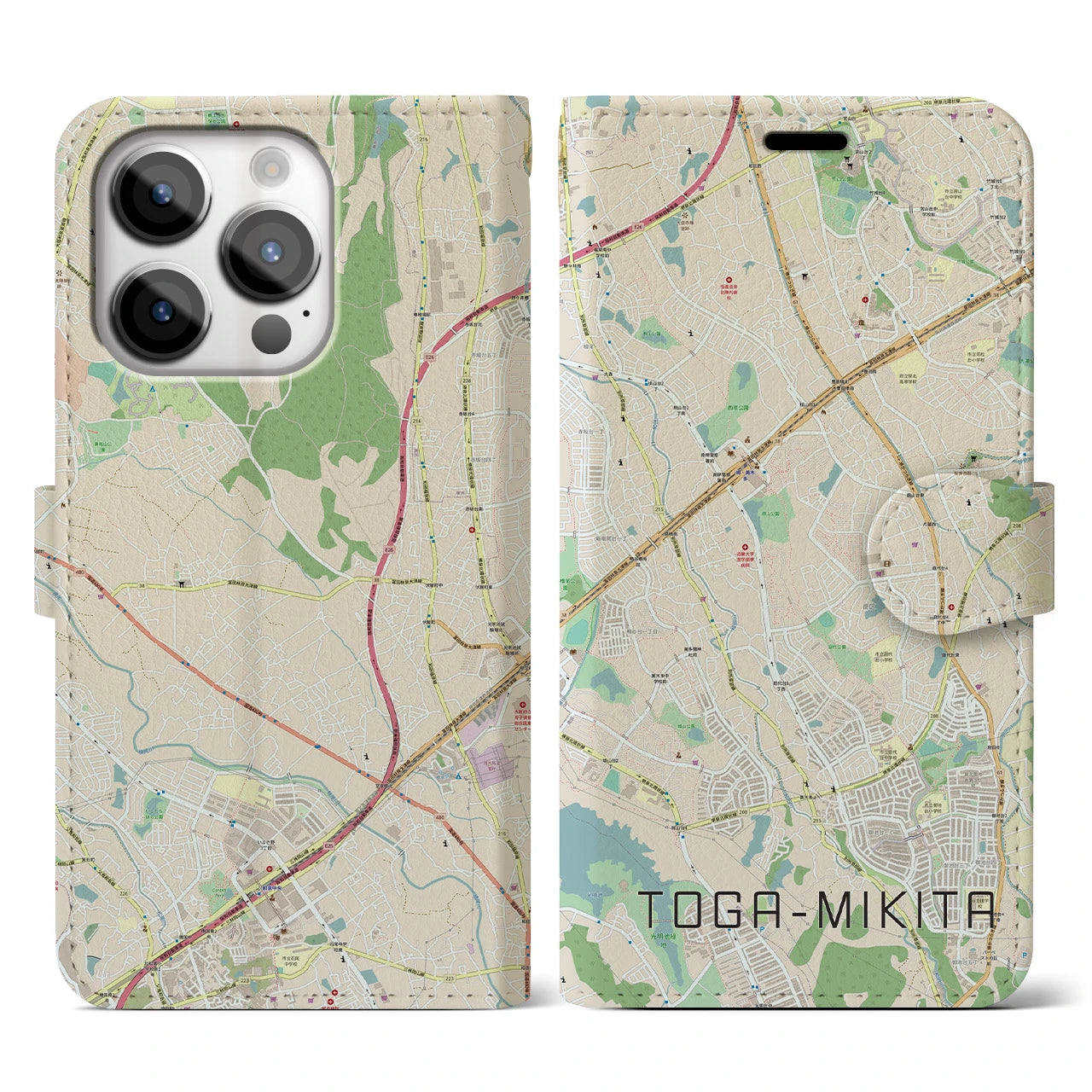 【栂・美木多(大阪府)】地図柄iPhoneケース(手帳タイプ)ナチュラル・iPhone 14 Pro 用