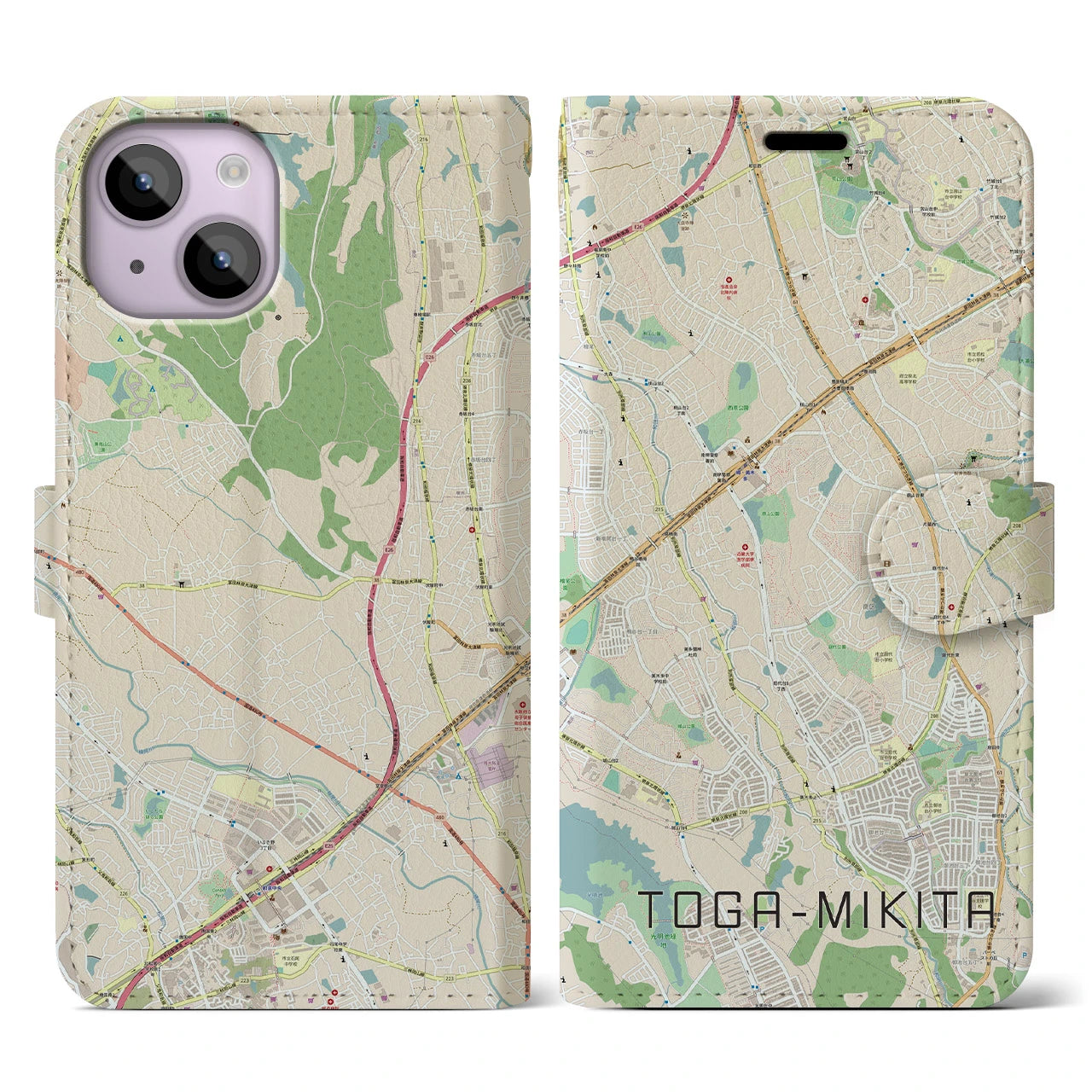 【栂・美木多(大阪府)】地図柄iPhoneケース(手帳タイプ)ナチュラル・iPhone 14 用