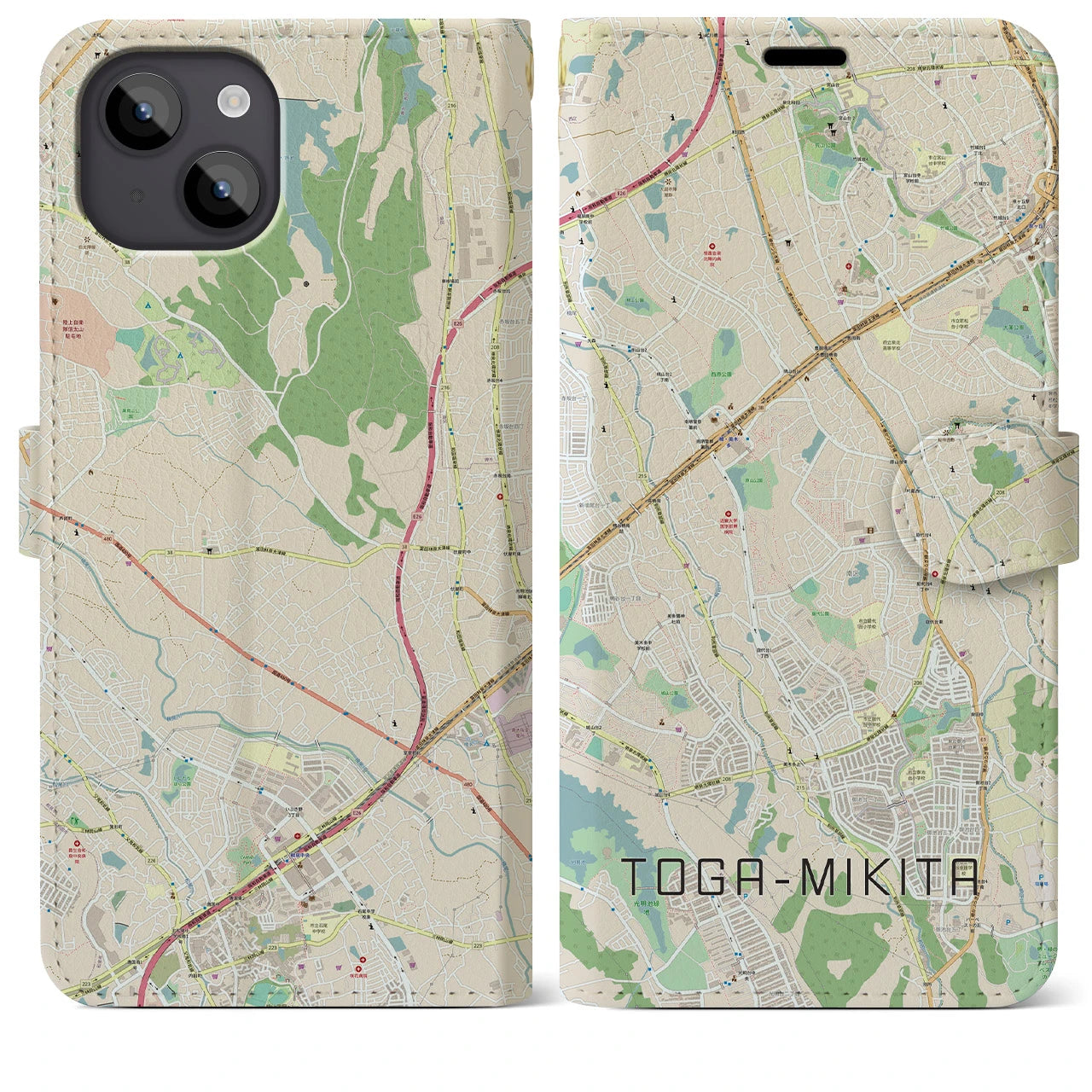 【栂・美木多(大阪府)】地図柄iPhoneケース(手帳タイプ)ナチュラル・iPhone 14 Plus 用