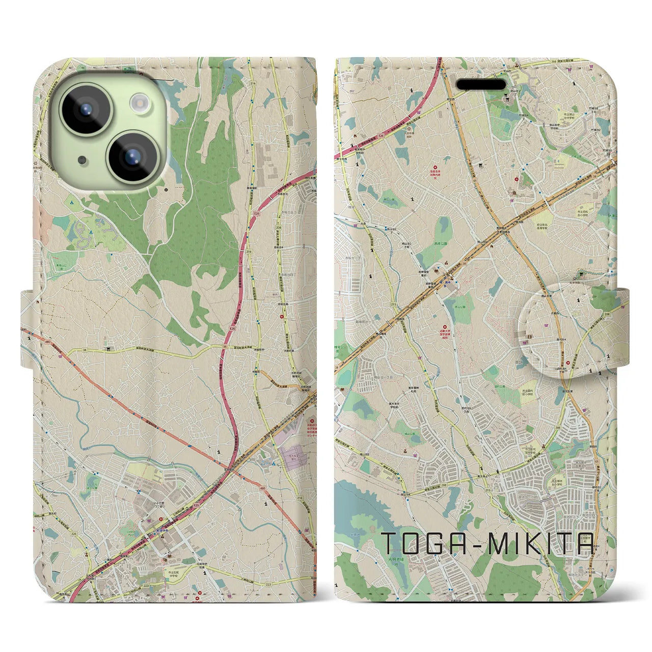 【栂・美木多(大阪府)】地図柄iPhoneケース(手帳タイプ)ナチュラル・iPhone 15 用