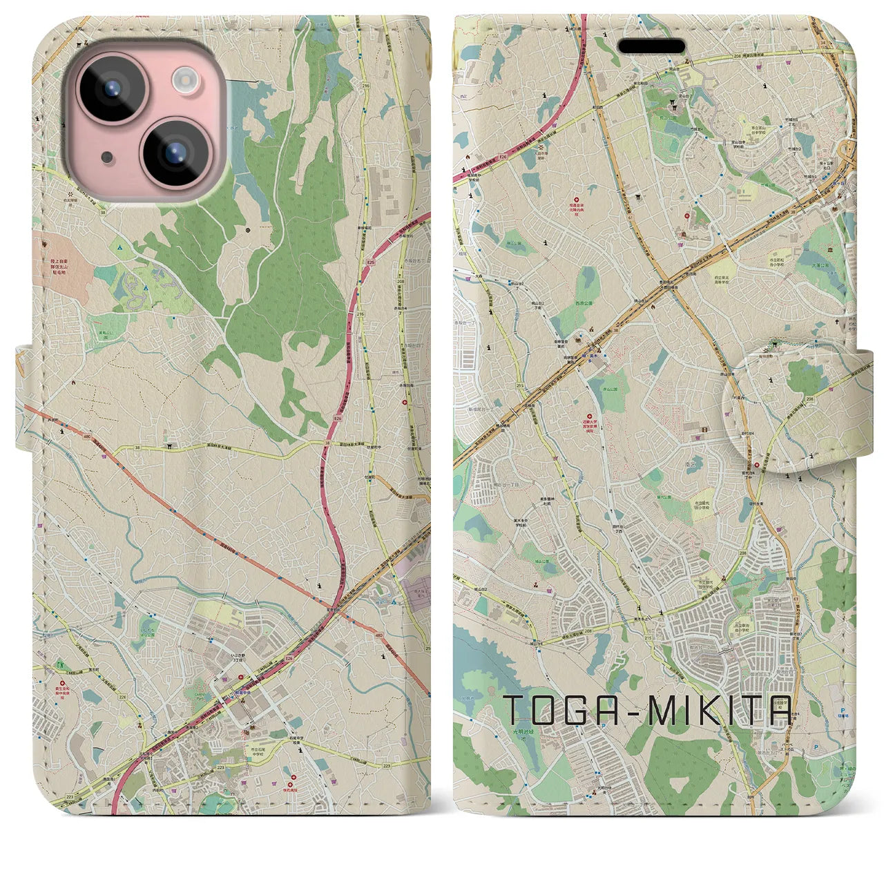 【栂・美木多(大阪府)】地図柄iPhoneケース(手帳タイプ)ナチュラル・iPhone 15 Plus 用