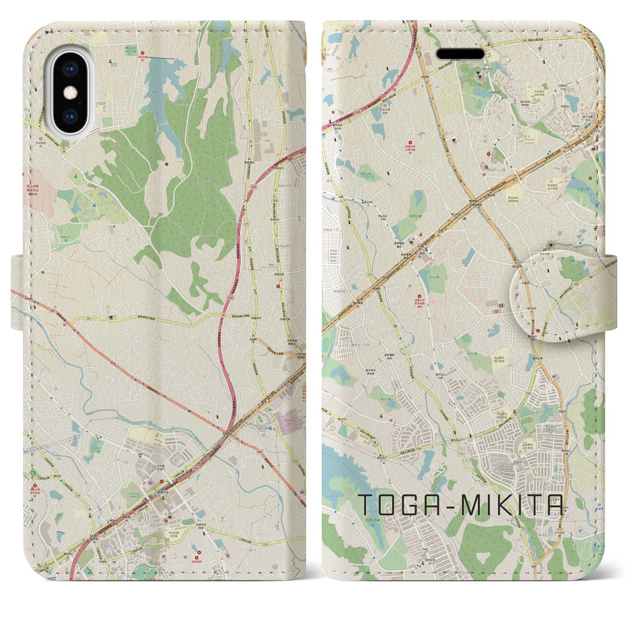 【栂・美木多(大阪府)】地図柄iPhoneケース(手帳タイプ)ナチュラル・iPhone XS Max 用