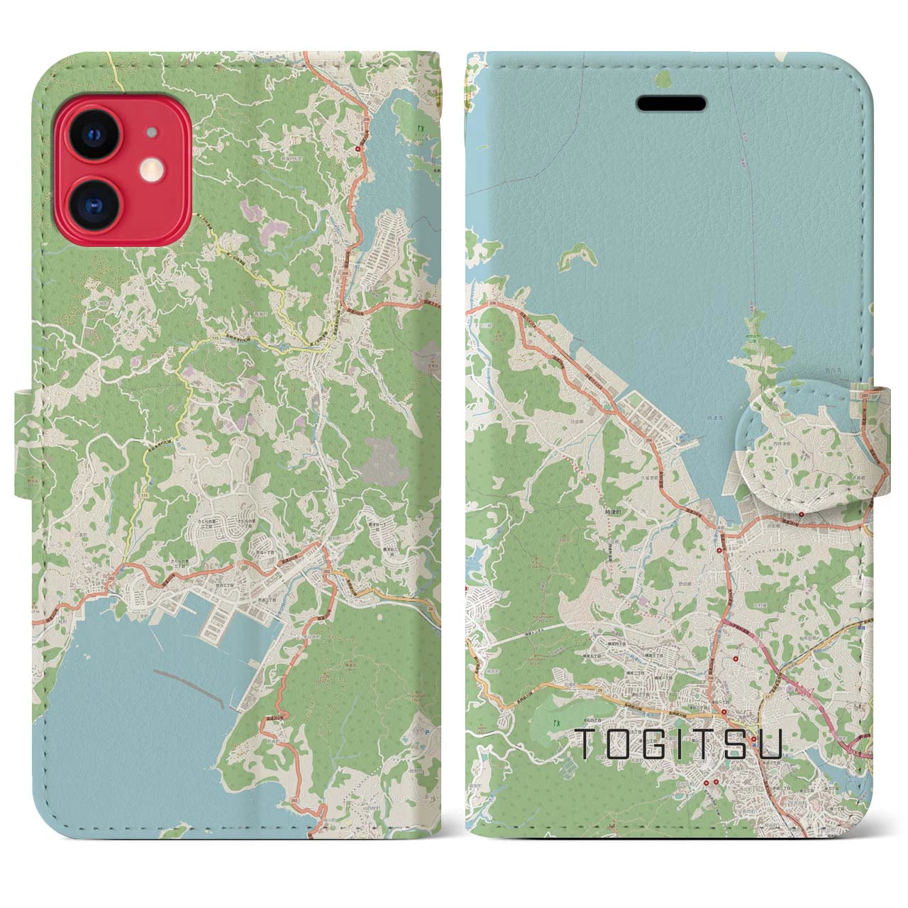 【時津(長崎県)】地図柄iPhoneケース(手帳タイプ)ナチュラル・iPhone 11 用