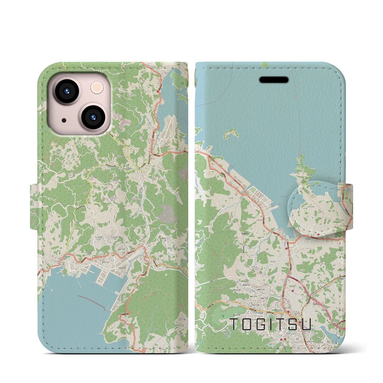 【時津(長崎県)】地図柄iPhoneケース(手帳タイプ)ナチュラル・iPhone 13 mini 用