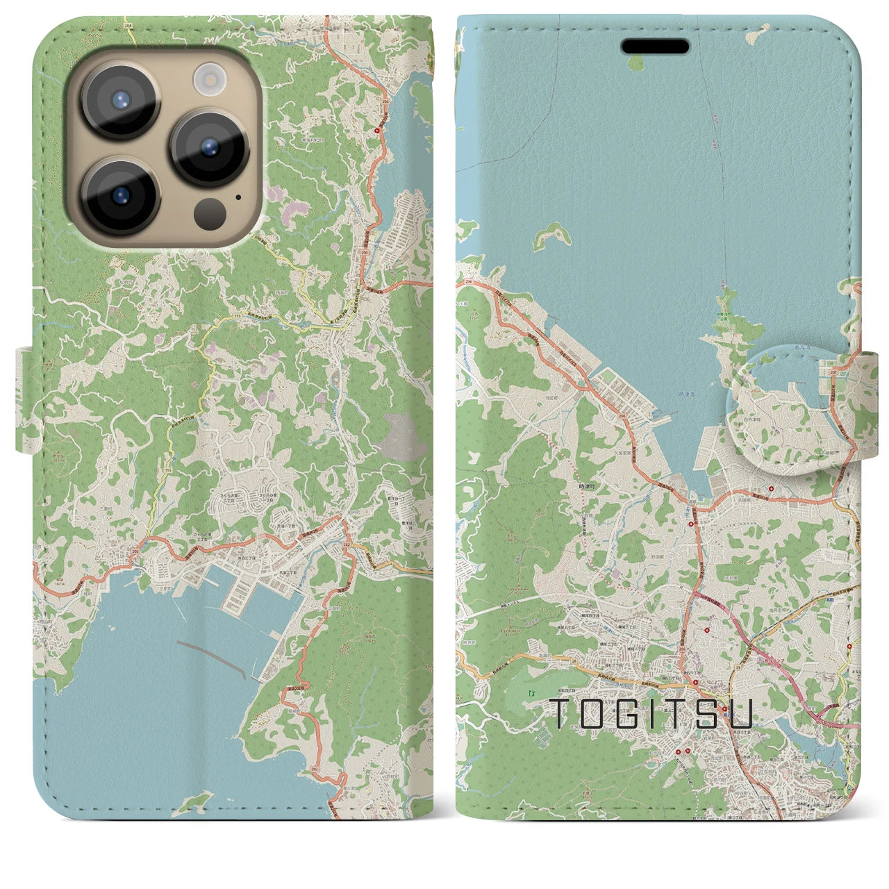 【時津(長崎県)】地図柄iPhoneケース(手帳タイプ)ナチュラル・iPhone 14 Pro Max 用