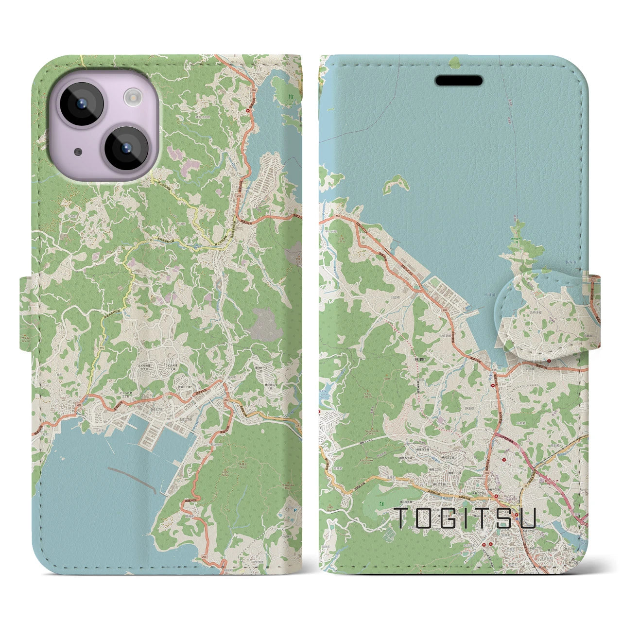 【時津(長崎県)】地図柄iPhoneケース(手帳タイプ)ナチュラル・iPhone 14 用