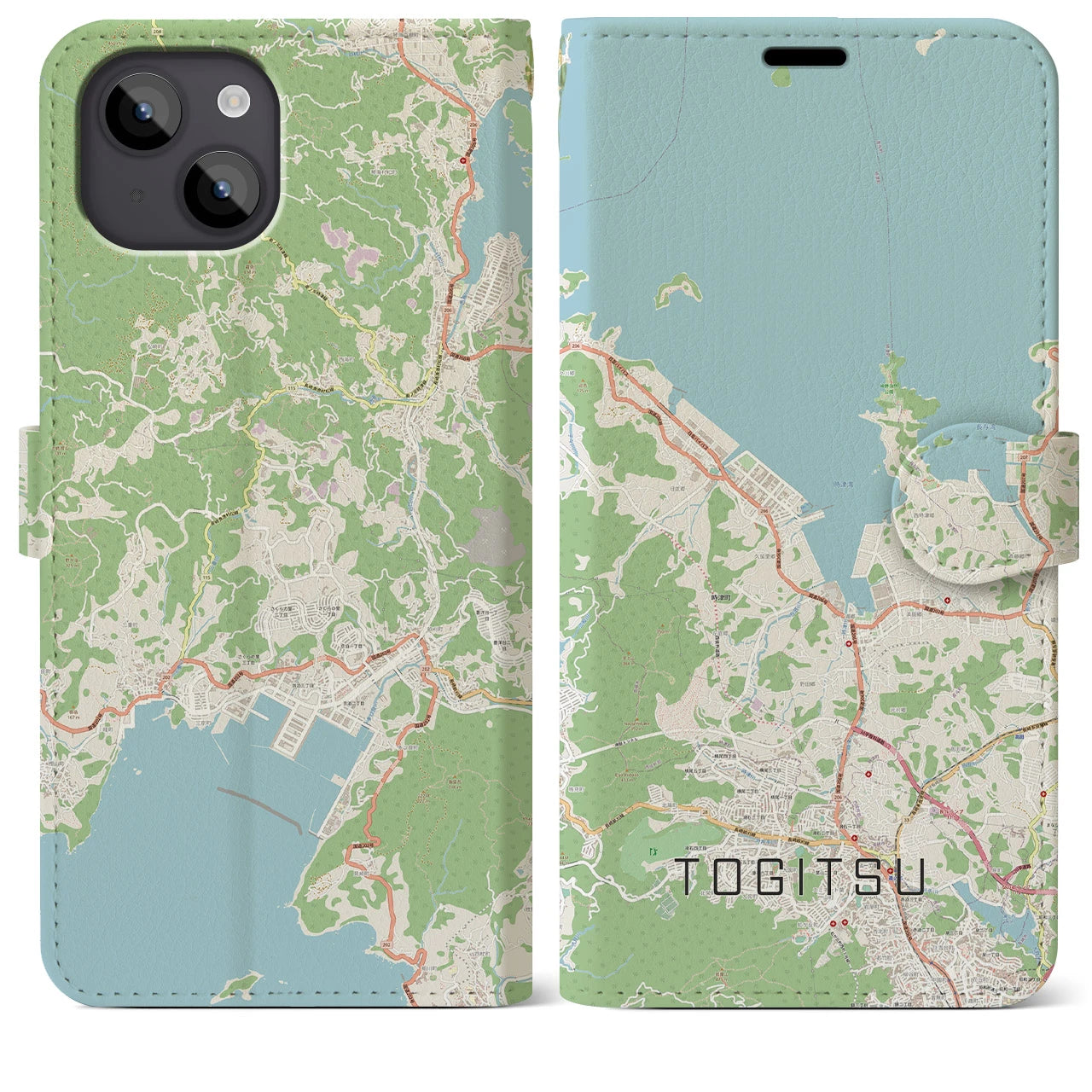 【時津(長崎県)】地図柄iPhoneケース(手帳タイプ)ナチュラル・iPhone 14 Plus 用