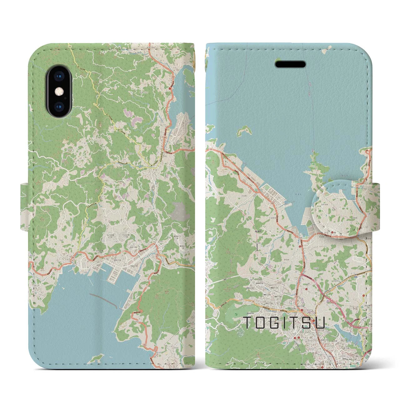 【時津(長崎県)】地図柄iPhoneケース(手帳タイプ)ナチュラル・iPhone XS / X 用