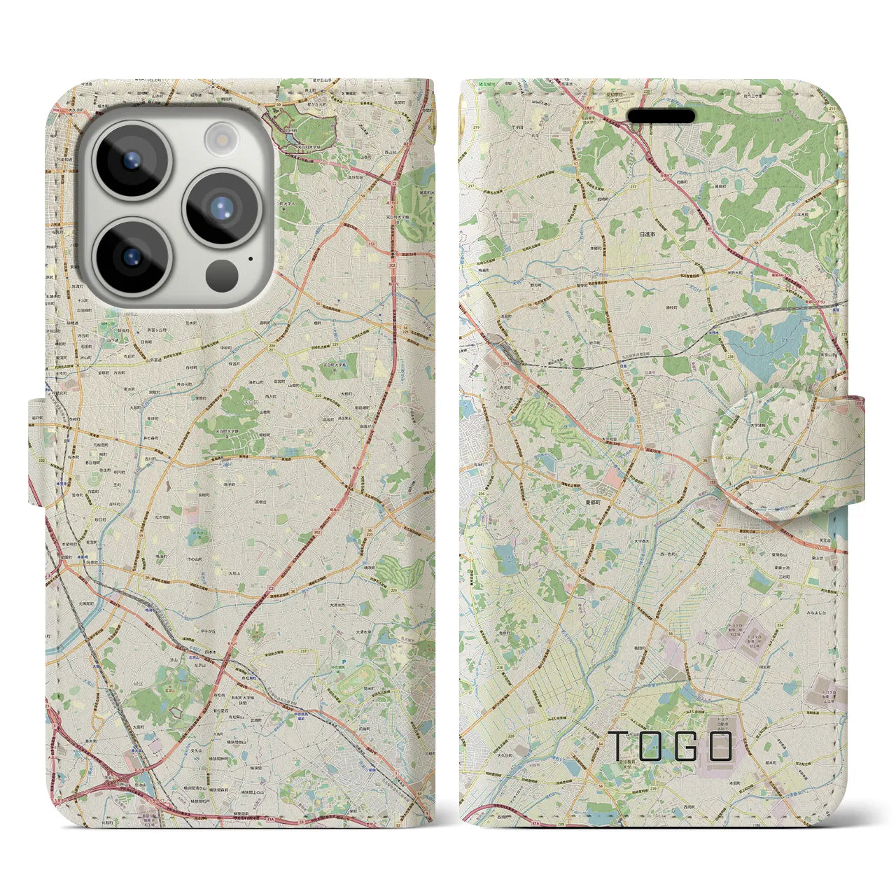 【東郷(愛知県)】地図柄iPhoneケース(手帳タイプ)ナチュラル・iPhone 15 Pro 用
