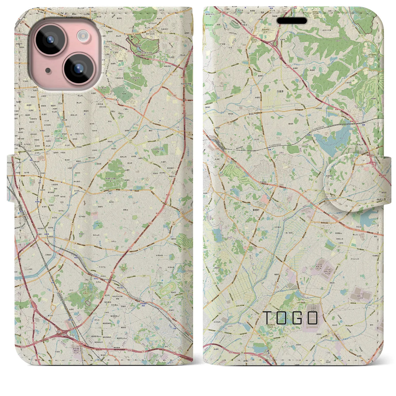 【東郷(愛知県)】地図柄iPhoneケース(手帳タイプ)ナチュラル・iPhone 15 Plus 用