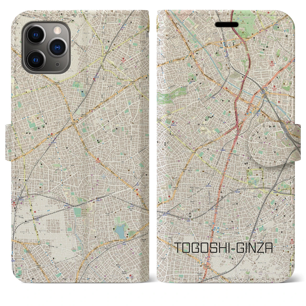【戸越銀座(東京都)】地図柄iPhoneケース(手帳タイプ)ナチュラル・iPhone 11 Pro Max 用