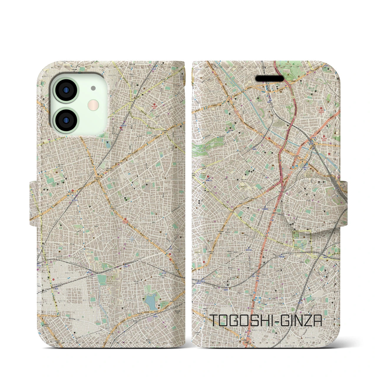【戸越銀座(東京都)】地図柄iPhoneケース(手帳タイプ)ナチュラル・iPhone 12 mini 用