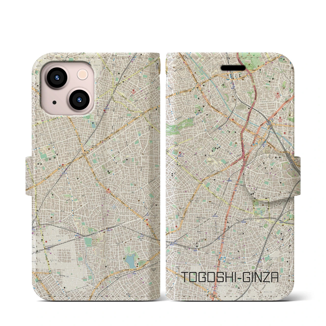 【戸越銀座(東京都)】地図柄iPhoneケース(手帳タイプ)ナチュラル・iPhone 13 mini 用