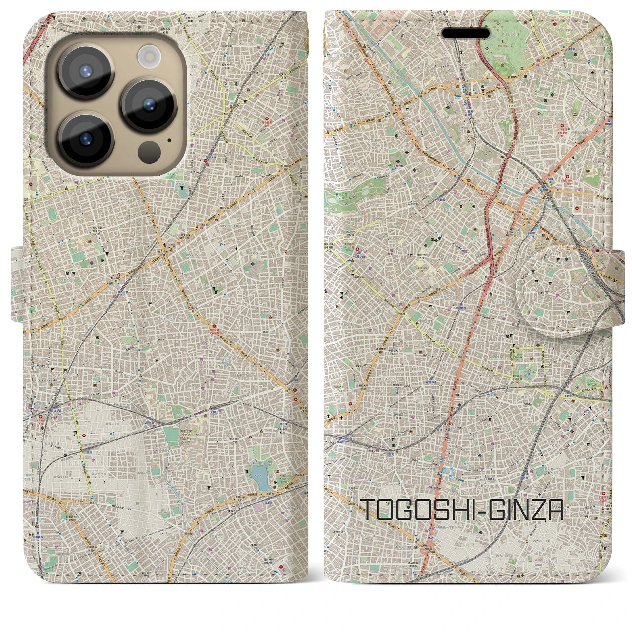 【戸越銀座(東京都)】地図柄iPhoneケース(手帳タイプ)ナチュラル・iPhone 14 Pro Max 用