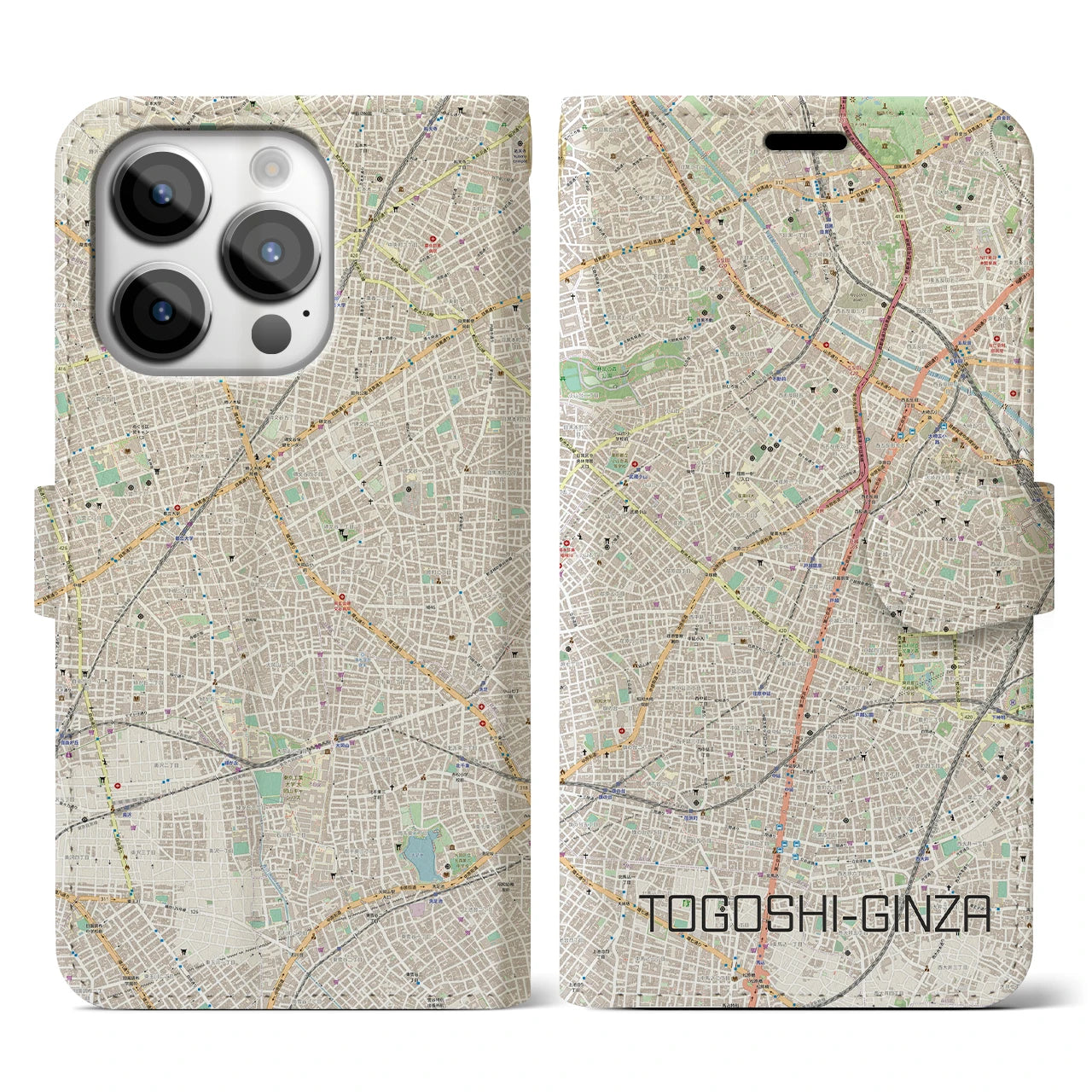 【戸越銀座(東京都)】地図柄iPhoneケース(手帳タイプ)ナチュラル・iPhone 14 Pro 用