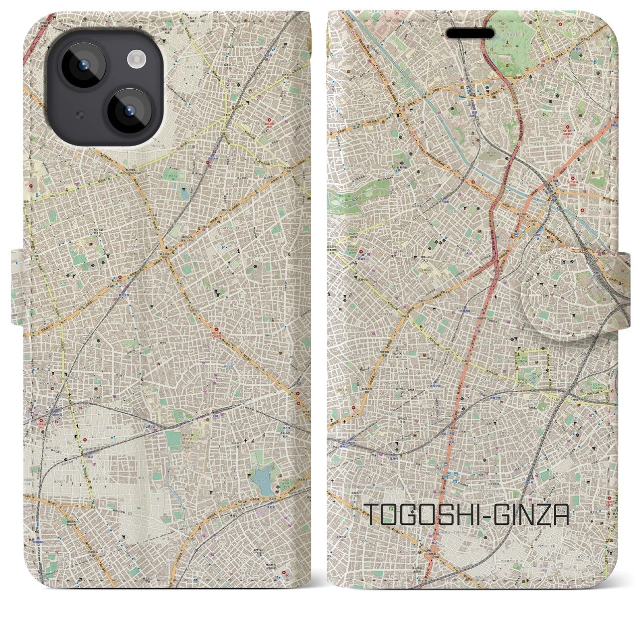 【戸越銀座(東京都)】地図柄iPhoneケース(手帳タイプ)ナチュラル・iPhone 14 Plus 用