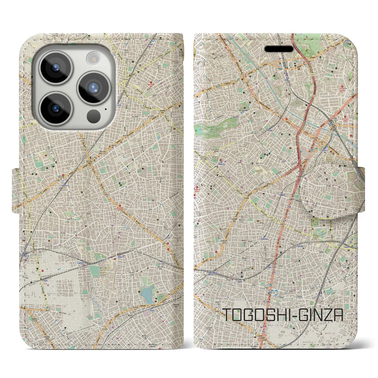 【戸越銀座(東京都)】地図柄iPhoneケース(手帳タイプ)ナチュラル・iPhone 15 Pro 用