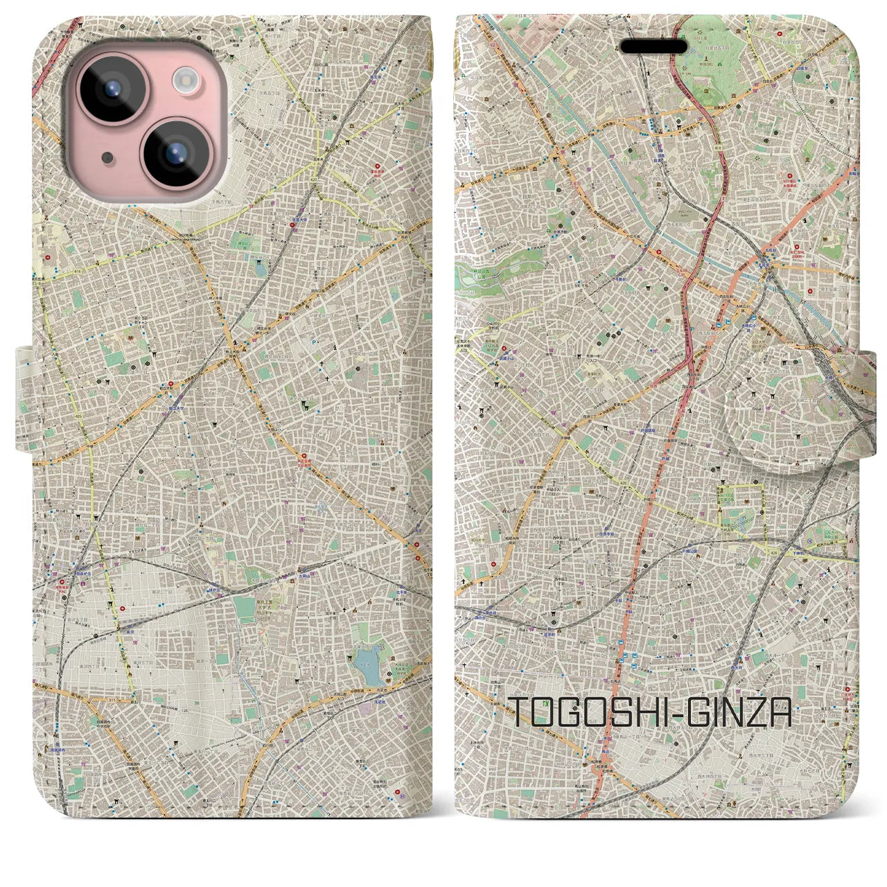 【戸越銀座(東京都)】地図柄iPhoneケース(手帳タイプ)ナチュラル・iPhone 15 Plus 用